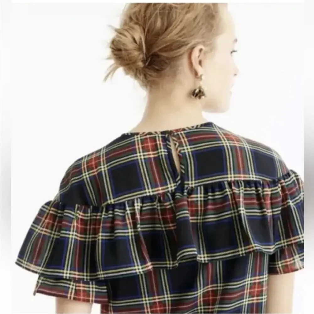 J Crew Edie Stewart Plaid Ruffle Top Black Red Green SIZE 2 Blouse Tartan Top
